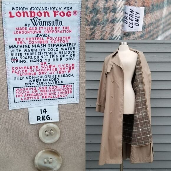 Vintage 80s London Fog Double Breasted Belted British Khaki Plaid Trench Coat 14 - Picture 9 of 10